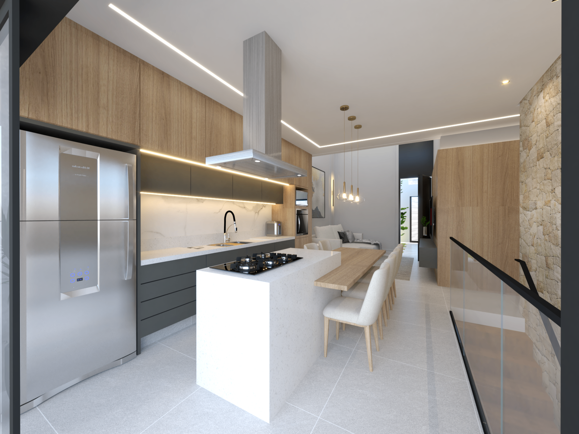 Cozinha planejada com ilha central e marcenaria em tons quentes