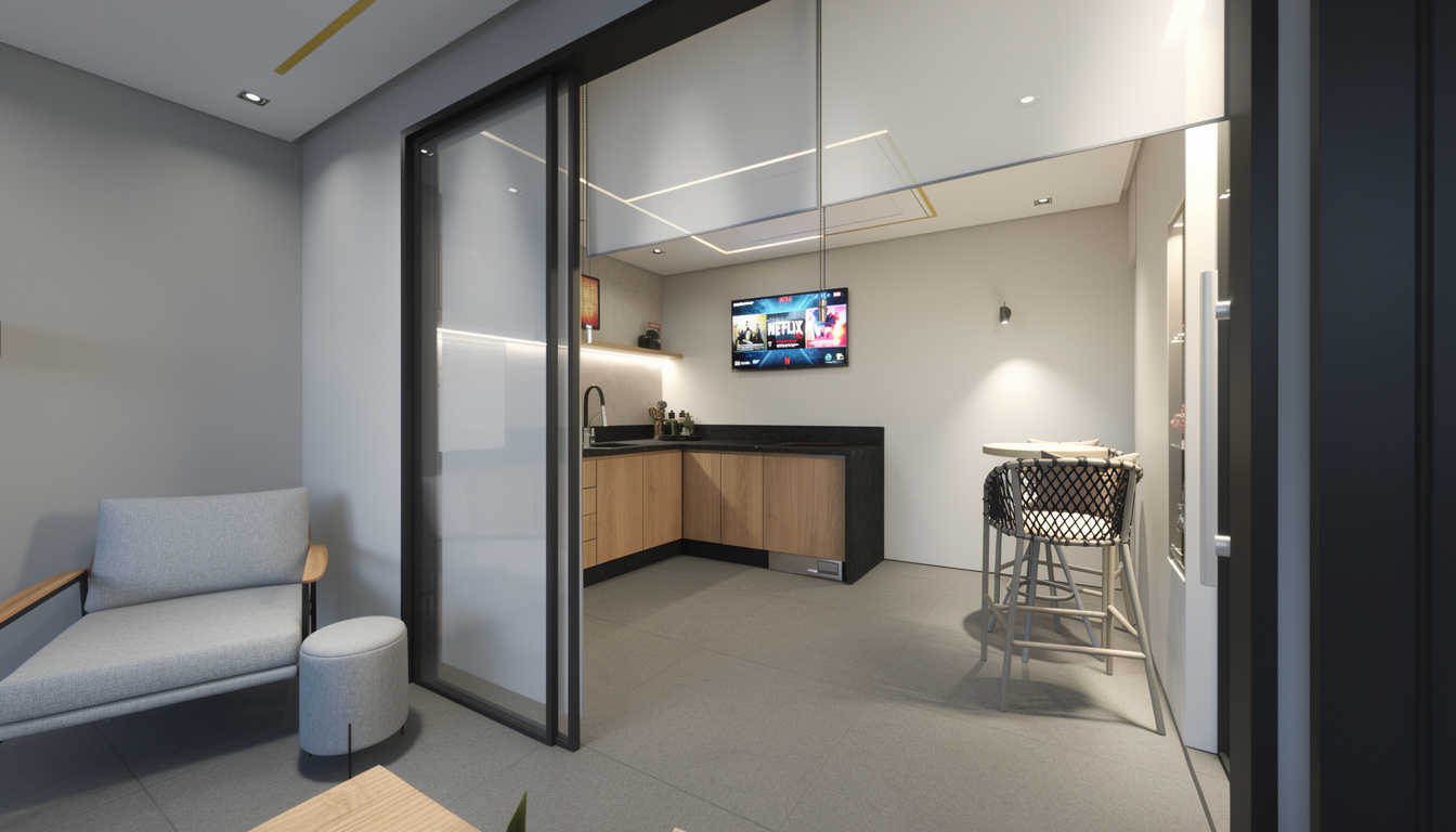 Lounge aconchegante com iluminação indireta e mobiliário curado