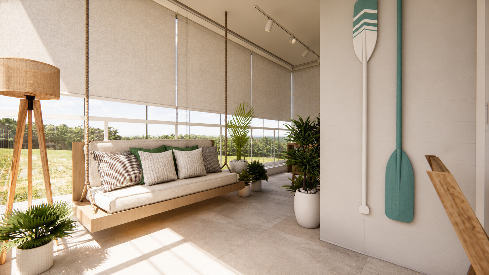 Sala de estar de projeto residencial da Âmbar com marcenaria em madeira, painel ripado e iluminação natural