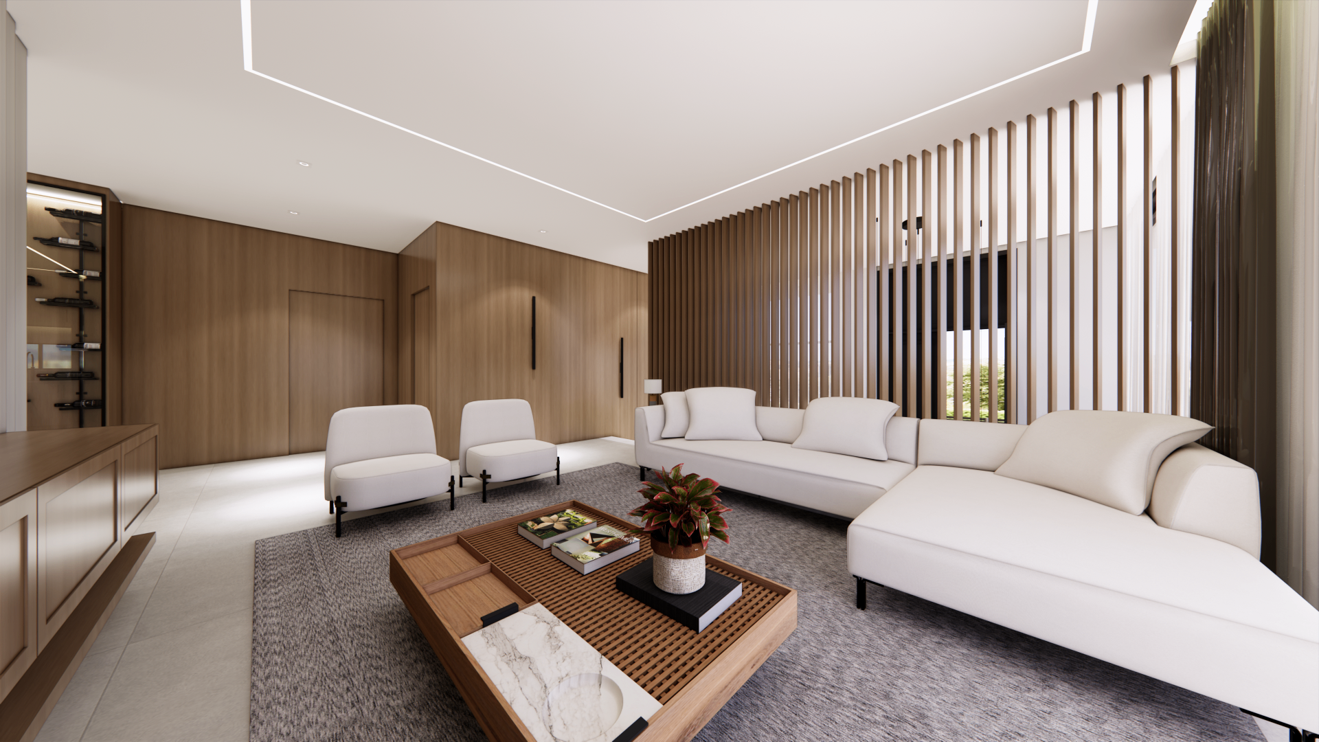 Sala de estar projeto Villa Ipê — sofá branco, marcenaria em madeira e painel ripado